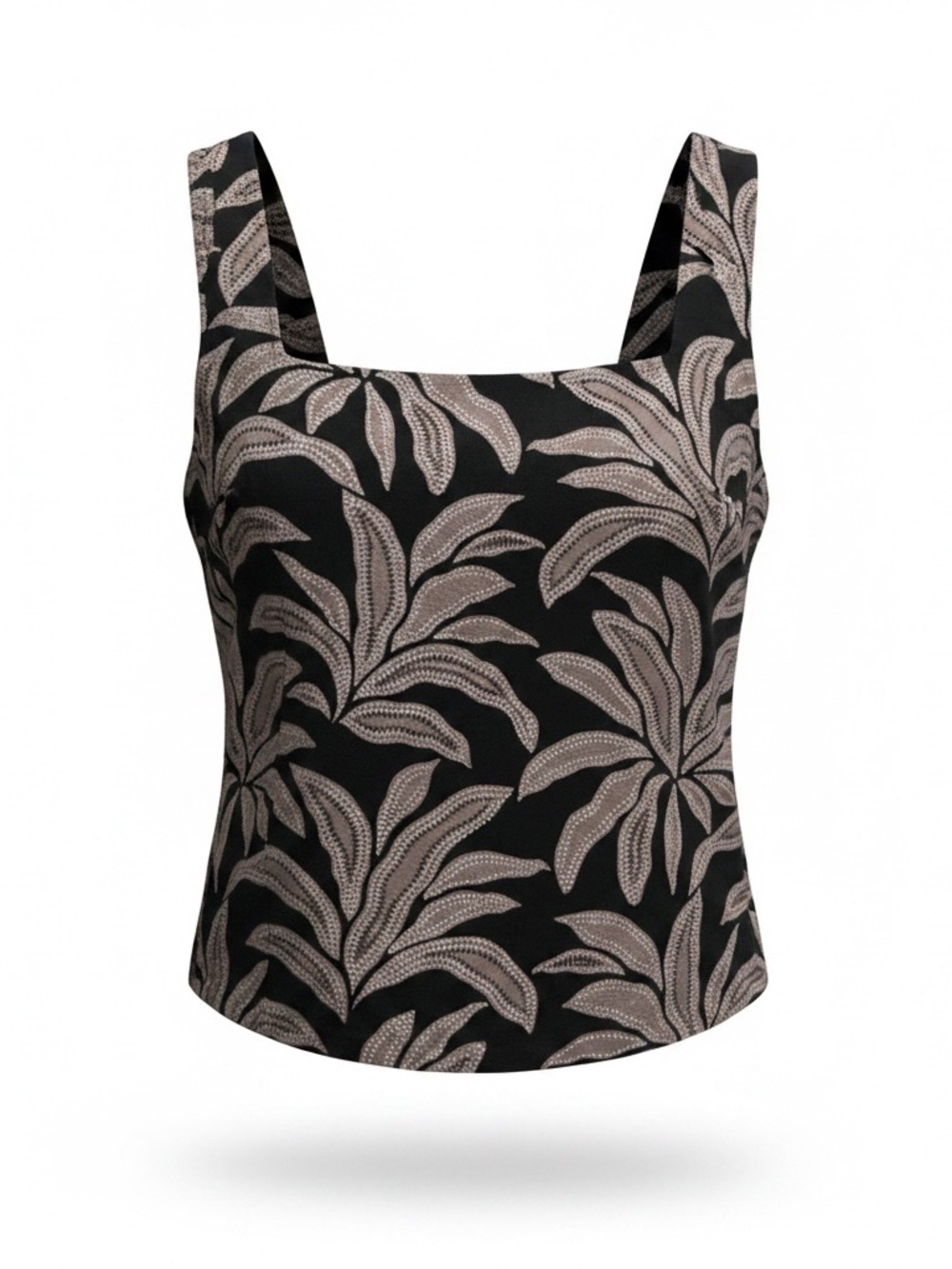 Rachel Zoe 100% lLinen Square Neck Tank Top M Black/taupe Leaf Print